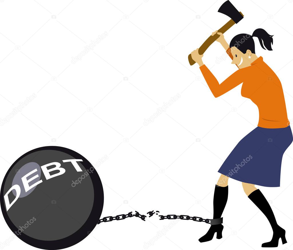 Woman hacking off a ball of debt attached to her ankle with a chain, EPS 8 vector illustration