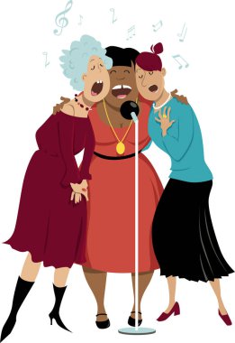 Mikrofonda şarkı söyleyen üç olgun kadın, Eps 8 vektör illüstrasyonu