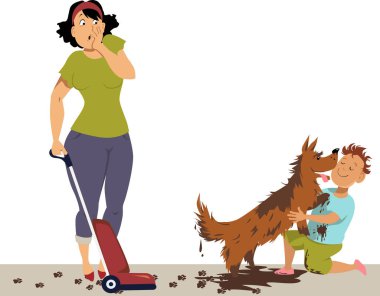 Dehşete düşmüş anne bir çocuğa bakıyor, çok kirli bir köpeğe sarılıyor, her yeri dağıtıyor, Eps 8 vektör illüstrasyon
