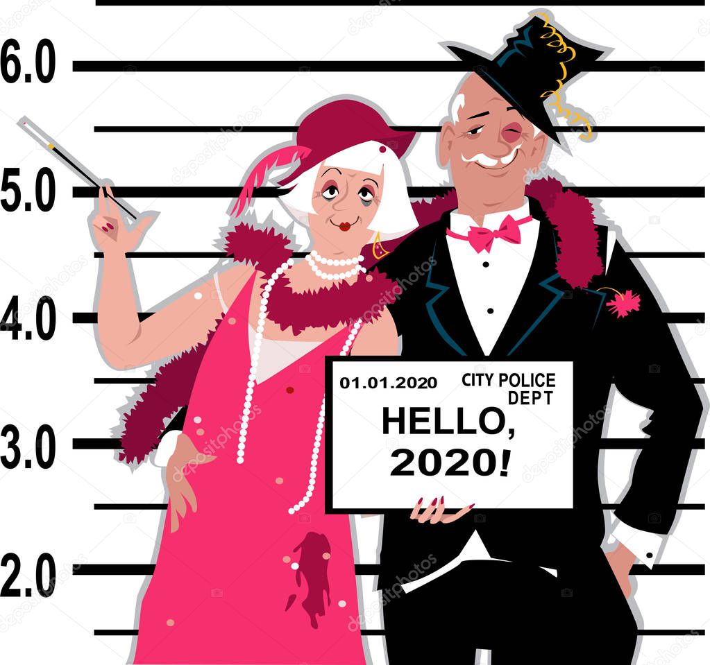 Senior couple dressed in 1920s fashion stands for a mug shot at the police station, holding Hello 2020 tablet, EPS 8 vector illustration