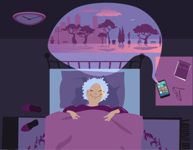Yetişkin bir kadın, akıllı telefonundaki uyku ilacı uygulamasını kullanarak geceleri yatakta uzanıyor.