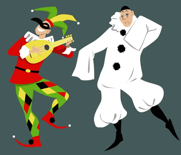 Harlequin Pierrot Commedia Dell Arte Characters Eps Vector Illustration — 스톡 벡터