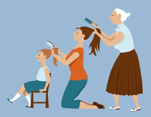 Three Generation Women Brushing Each Other Hair Eps Vector Illustration — Stock Vector