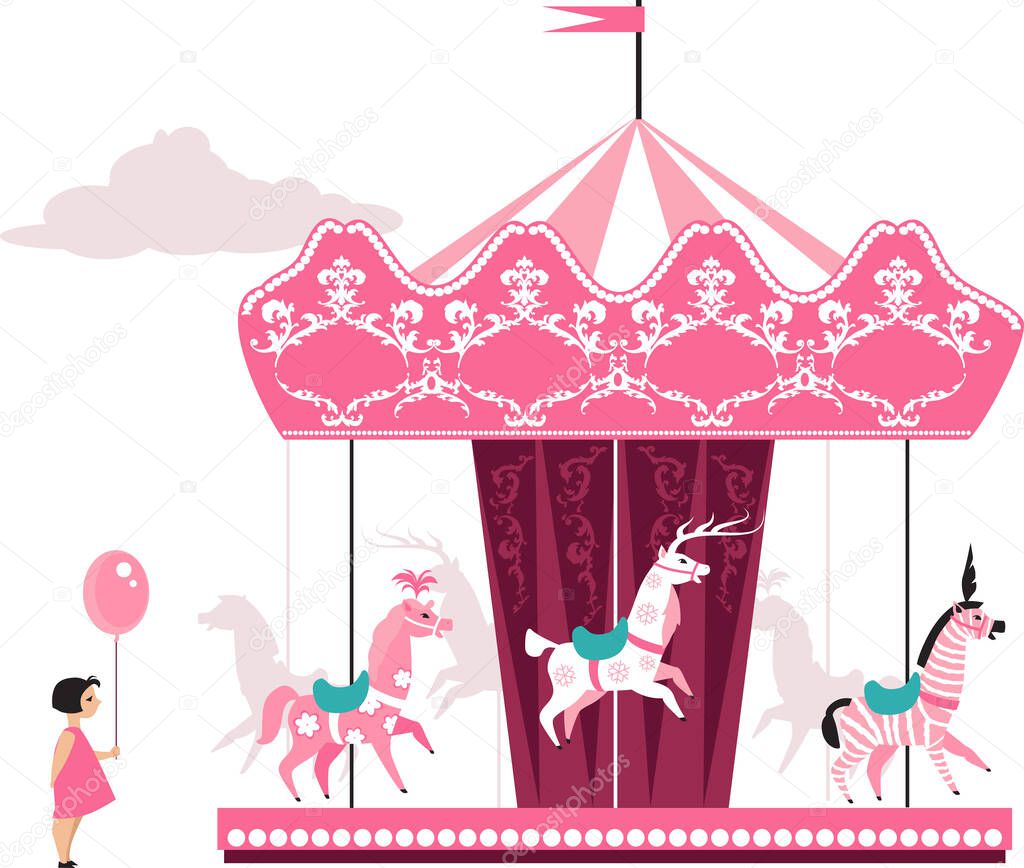 Pink merry go round and a little girl with a balloon, EPS 8 vector illustration