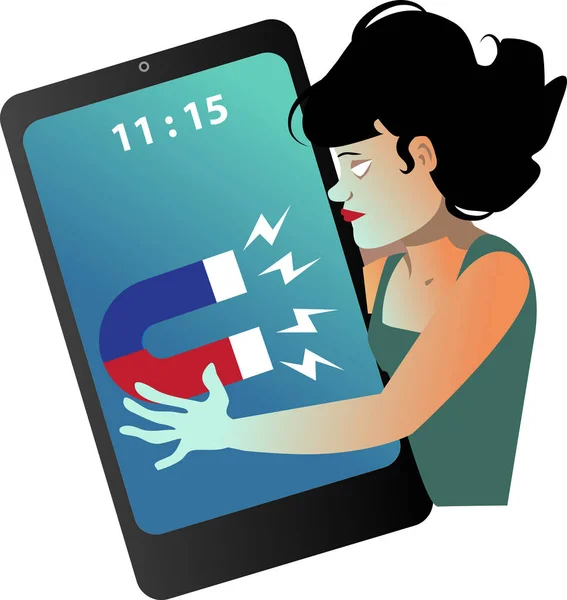 Mulher Abraçando Smartphone Que Puxando Como Ímã Eps Ilustração Vetorial — Vetor de Stock