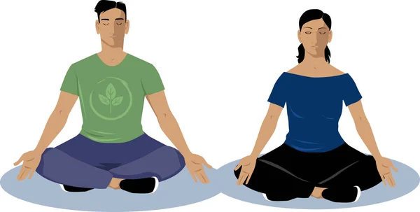 Man Woman Sitting Yoga Pose Meditating Eps Vector Illustration — Stock Vector