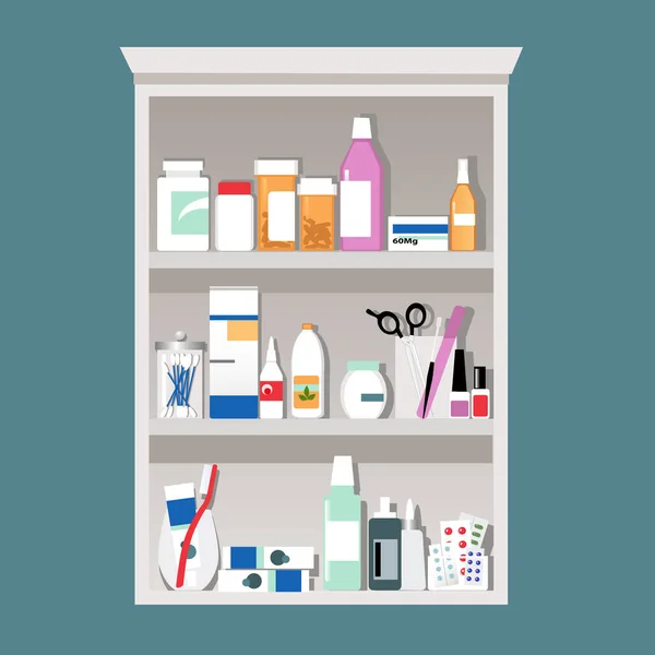 Gabinetto Dei Medicinali Riempito Con Bottiglia Pillola Strumenti Igiene Cosmetici — Vettoriale Stock