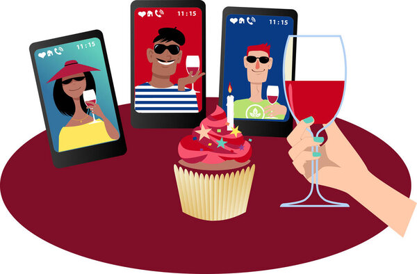 Person having a birthday party with friends via video chat, EPS 8 vector illustration