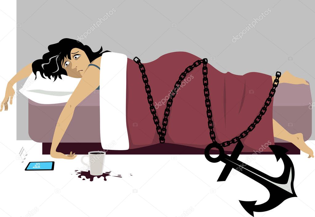 Middle aged woman lying in bed chained to an anchor representing an extreme fatigue, EPS 8 vector illustration