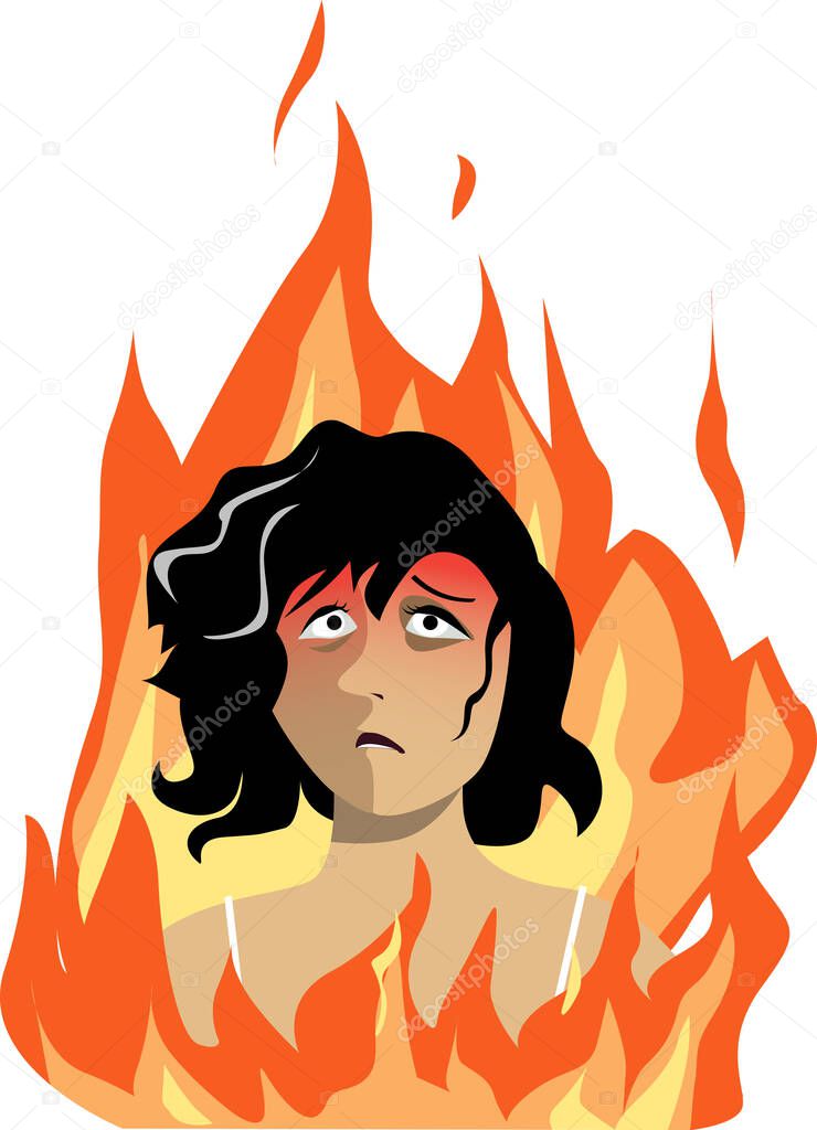 Middle aged woman consumed by fire as a metaphor for a hot flash, EPS 8 vector illustration