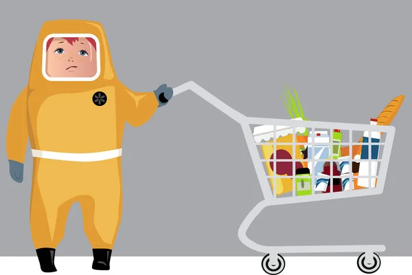 Person Hazmat Protection Suit Doing Grocery Shopping Eps Vector Illustration — Stock Vector