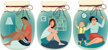 People practicing social distancing sitting home in a jars, EPS 8 vector illustration clipart
