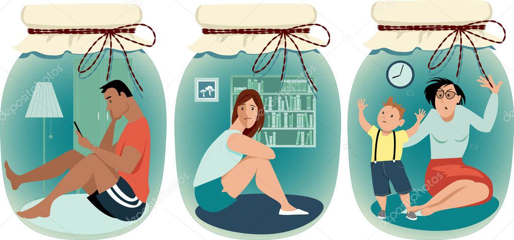 People practicing social distancing sitting home in a jars, EPS 8 vector illustration