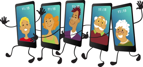 Smartphone Mit Familienmitgliedern Auf Den Bildschirmen Die Conga Linie Tanzen — Stockvektor