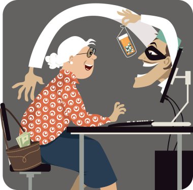 Criminal, pretending to be a health care professional, attempting to scam a senior woman offering her medication on-line,  EPS 8 vector illustration clipart