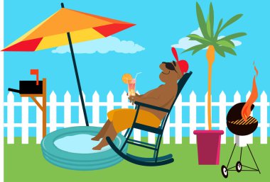 Man enjoying a staycation at the backyard under an umbrella, EPS 8 vector illustration clipart