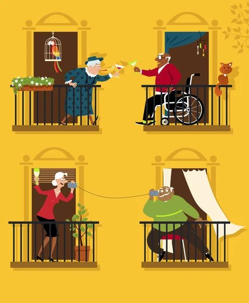 Пожилые Люди Практикующие Социальное Дистанцирование Поддерживают Связь Своими Соседями Векторная — стоковый вектор