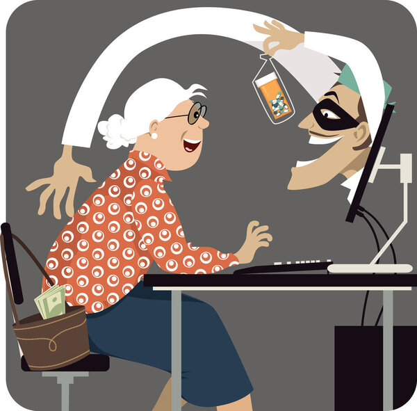Criminal, pretending to be a health care professional, attempting to scam a senior woman offering her medication on-line,  EPS 8 vector illustration