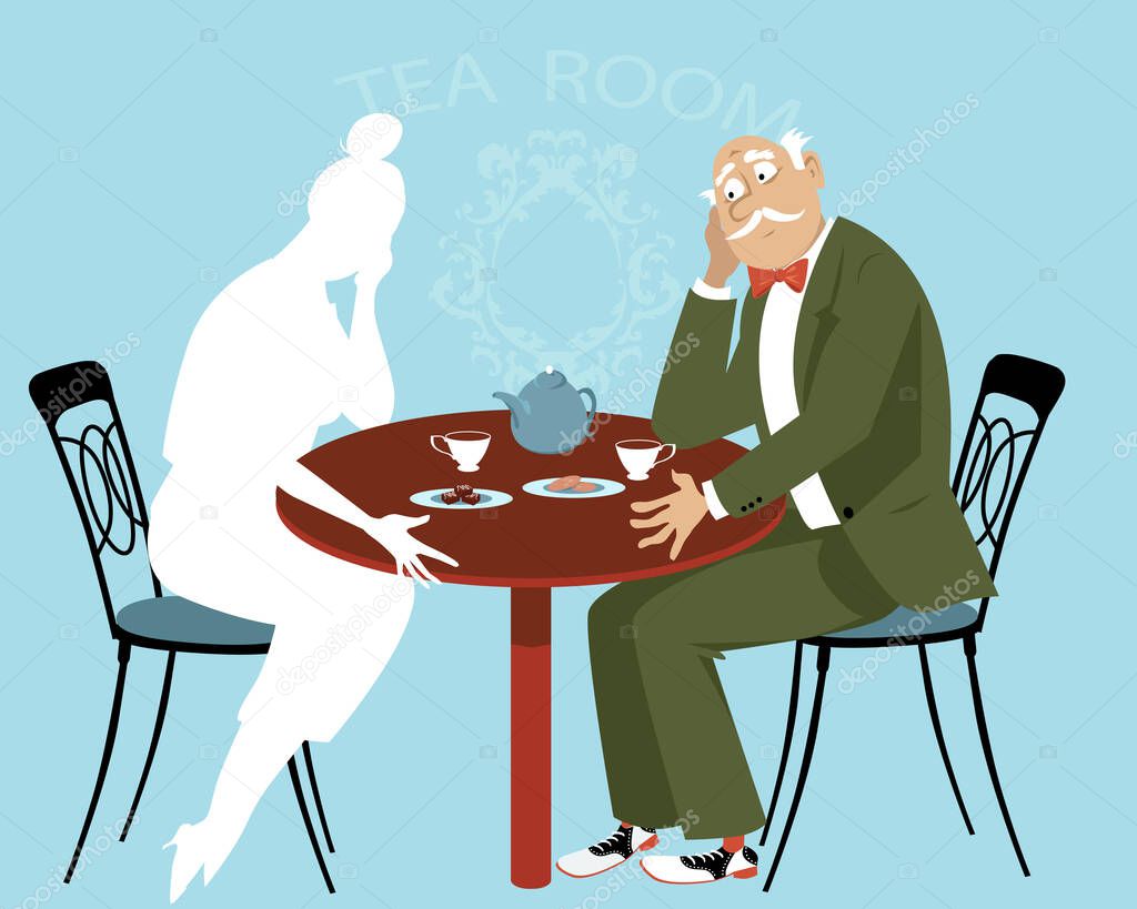 Sad elderly man sitting at the table missing his  departed wife, EPS 8 vector illustration