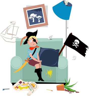 Korsan kostümlü küçük bir çocuk sandalyede oturuyor, cezalı, etrafı kirlenmiş, EPS 8 vektör illüstrasyon