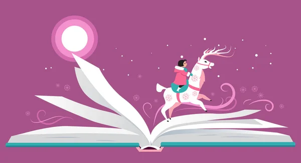 打开的书 人物骑着驯鹿穿过书页 Eps 8矢量图解 — 图库矢量图片