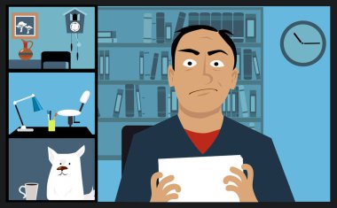 Sosyal uzaklık alıştırması yapmak için evde kalan iş arkadaşlarıyla görüntülü görüşme yapmaya çalışan üzgün bir insan. Ama EPS 8 vektör illüstrasyonunda kimse ortaya çıkmıyor.