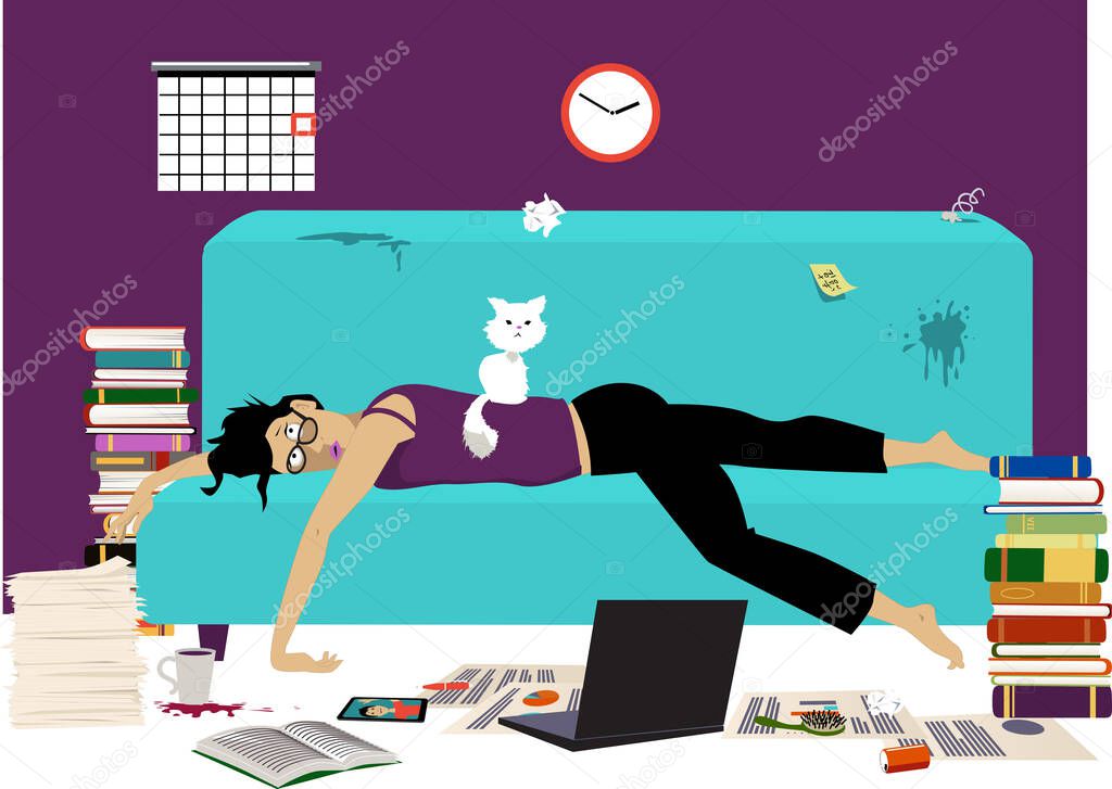 Exhausted woman working from home lying on a couch with business tools, electronic devices and books, EPS8 vector illustration