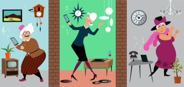 Sosyal uzaklık pratiği yapan üç son sınıf öğrencisi kendi evlerinde dans partisi veriyorlar, EPS 8 vektör illüstrasyonu.