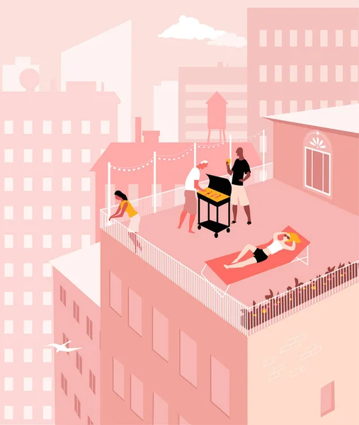 Fête Barbecue Sur Toit Terrasse Dans Une Ville Été Illustration — Image vectorielle