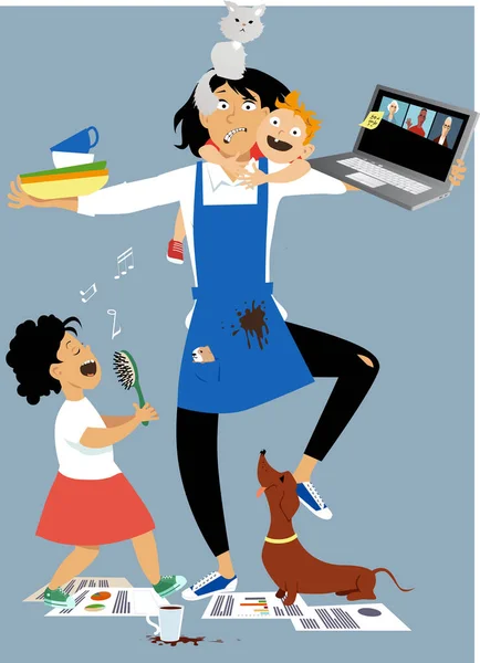 压力大的母亲努力照顾孩子 料理家务和做远程工作 Eps 8病媒图片 — 图库矢量图片
