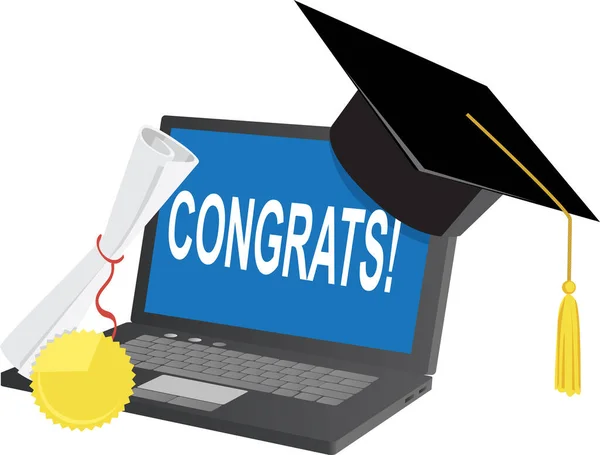 Laptop Con Cappello Diploma Laurea Congratulandosi Con Laureati Online Illustrazione — Vettoriale Stock