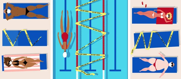 Personas Nadando Bronceándose Piscina Usando Cubierta Facial Para Prevenir Propagación — Archivo Imágenes Vectoriales