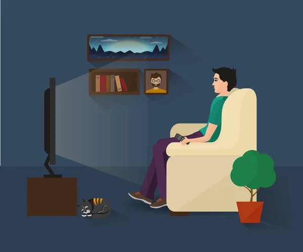 El hombre está viendo la televisión en un cuarto oscuro — Vector de stock