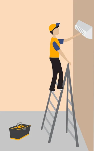 Der Arbeiter repariert die Klimaanlage im Raum — Stockvektor