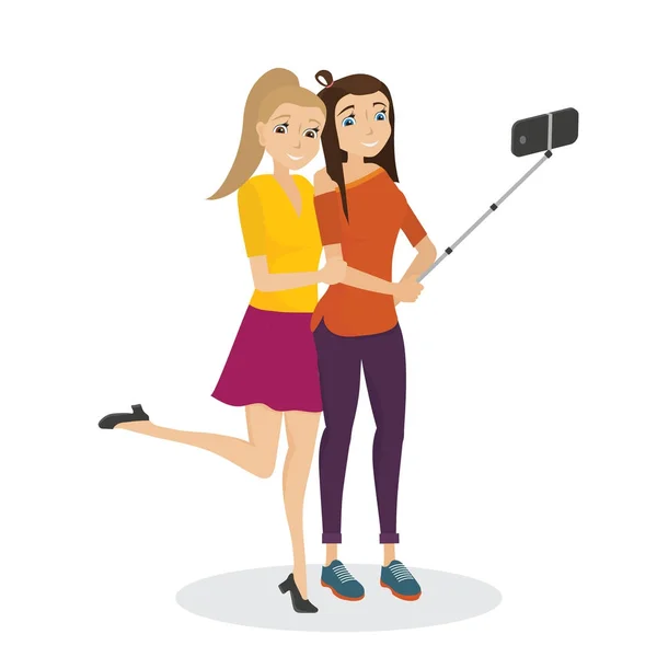 Girls make selfie with Stick for selfie. — Stock Vector