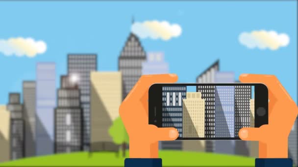 Mãos tirar fotos de paisagem urbana no smartphone  . — Vídeo de Stock