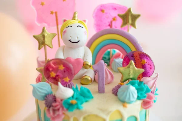 Gâteau Fête Avec Licorne Pour Premier Anniversaire — Photo