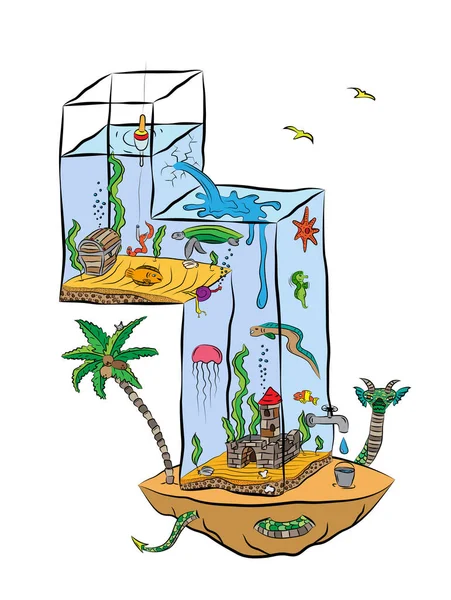 Номер четыре как аквариум с рыбами и морскими существами — стоковый вектор