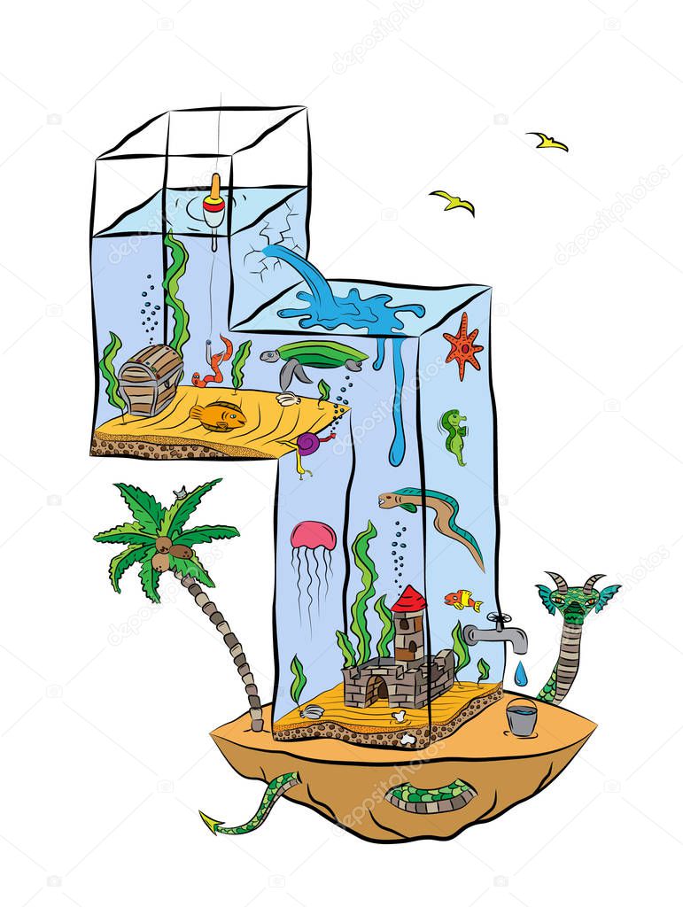 Number Four As Aquarium With Fishes And Sea Creatures