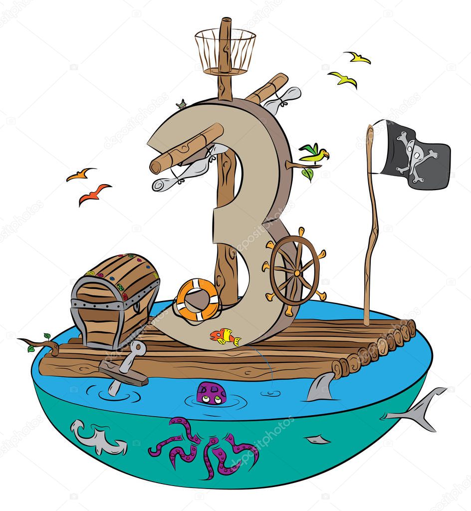Number Three As Pirate Raft on Dangerous Water