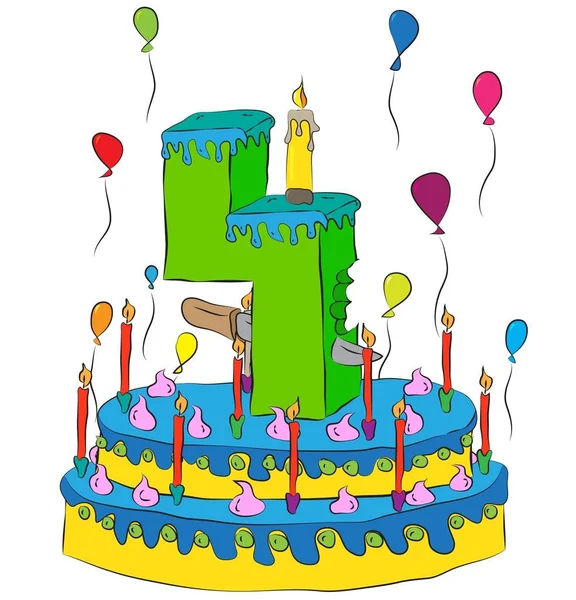 用数字四个蜡烛，庆祝四年的生活、 五颜六色的气球和巧克力涂层的生日蛋糕 — 图库矢量图片