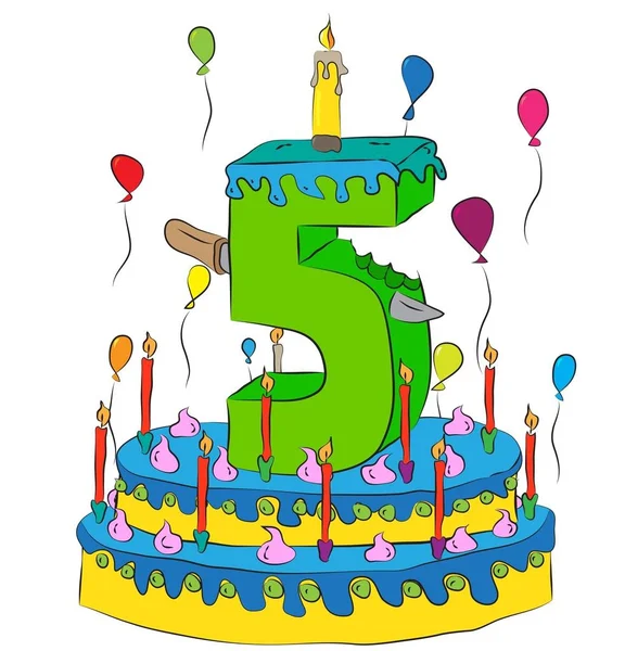 Gâteau d'anniversaire avec bougie numéro cinq, célébrant la cinquième année de vie, ballons colorés et enrobage de chocolat — Image vectorielle