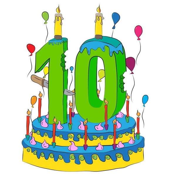 用数字十蜡烛，庆祝第十个年头的生命、 五颜六色的气球和巧克力涂层的生日蛋糕 — 图库矢量图片