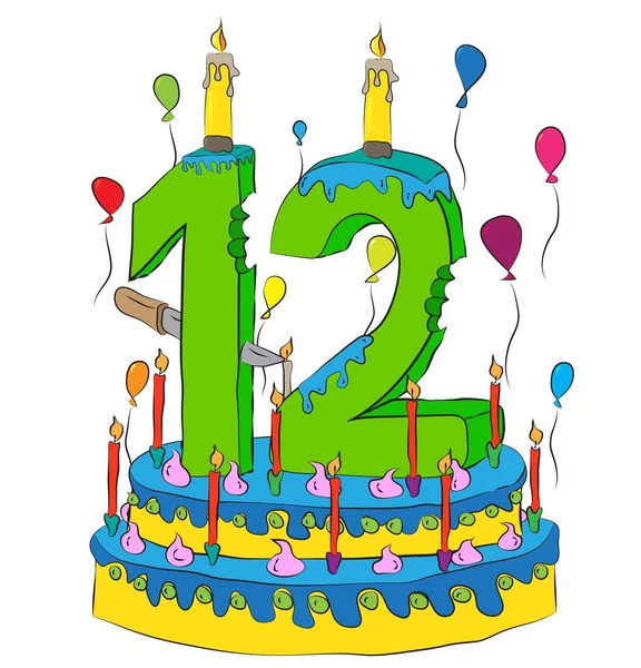 Narozeninový dort s číslo dvanáct svíčka, oslavující dvanáctý rok života, barevné balónky a čokoládové polevě — Stockový vektor