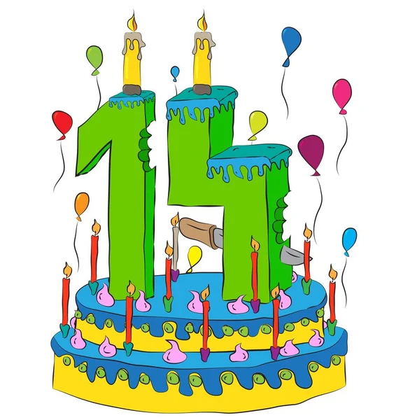 用数字十四个蜡烛，庆祝第十四年的人生，五彩的气球和巧克力涂层的生日蛋糕 — 图库矢量图片