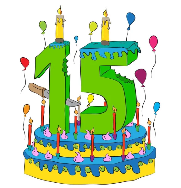 用数字十五蜡烛，庆祝第十五年，生活、 五颜六色的气球和巧克力涂层的生日蛋糕 — 图库矢量图片