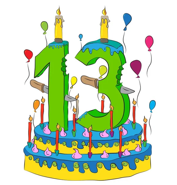 用数字十三个蜡烛，庆祝第十三年的人生，五彩的气球和巧克力涂层的生日蛋糕 — 图库矢量图片