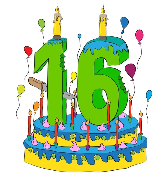Gâteau d'anniversaire avec numéro seize bougie, la célébration de la seizième année de vie, ballons colorés et revêtement de chocolat — Image vectorielle