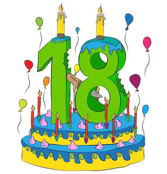 Gâteau d'anniversaire avec numéro dix-huit bougie, célébrant dix-huitième année de vie, ballons colorés et enrobage de chocolat — Image vectorielle