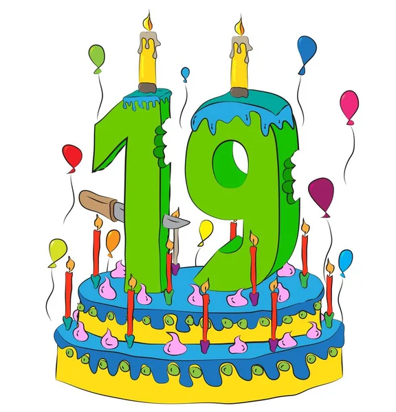 Gâteau d'anniversaire avec numéro dix-neuf bougie, célébrant dix-neuvième année de vie, ballons colorés et enrobage de chocolat — Image vectorielle